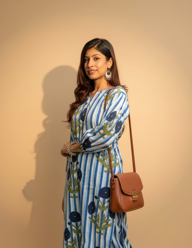 Women’s Navy Blue Striped Floral Cotton Kurta Set