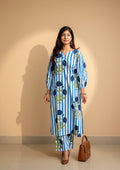 Women’s Navy Blue Striped Floral Cotton Kurta Set
