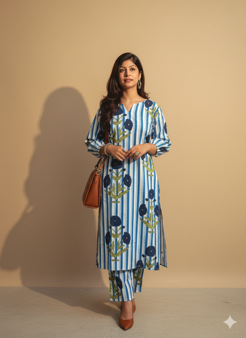 Women’s Navy Blue Striped Floral Cotton Kurta Set