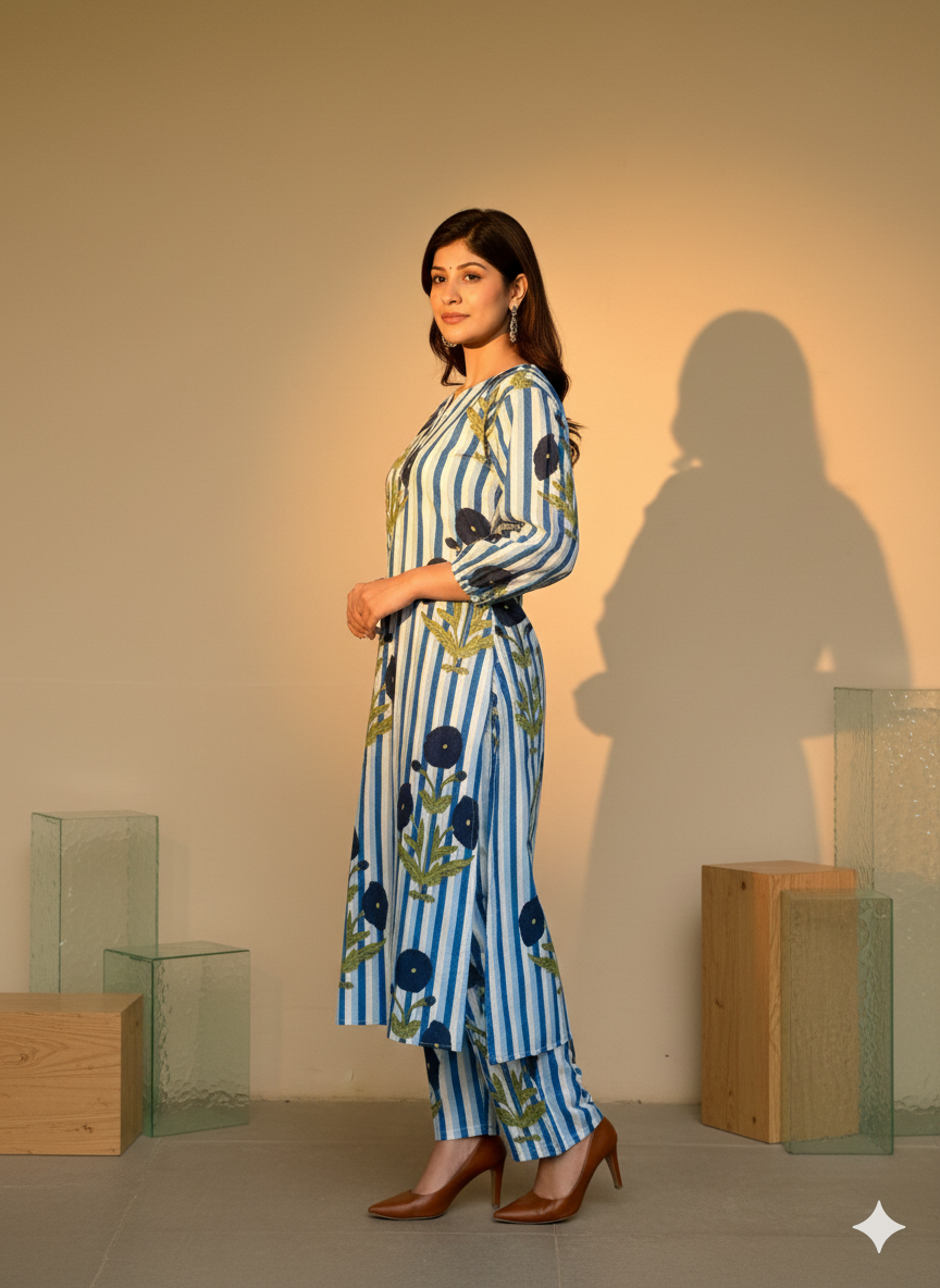 Women’s Navy Blue Striped Floral Cotton Kurta Set