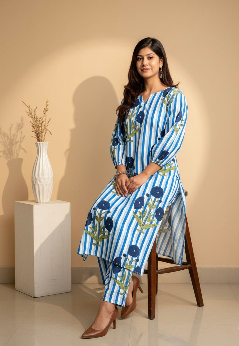 Women’s Navy Blue Striped Floral Cotton Kurta Set