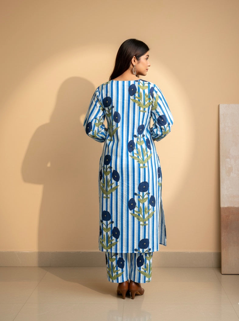 Women’s Navy Blue Striped Floral Cotton Kurta Set