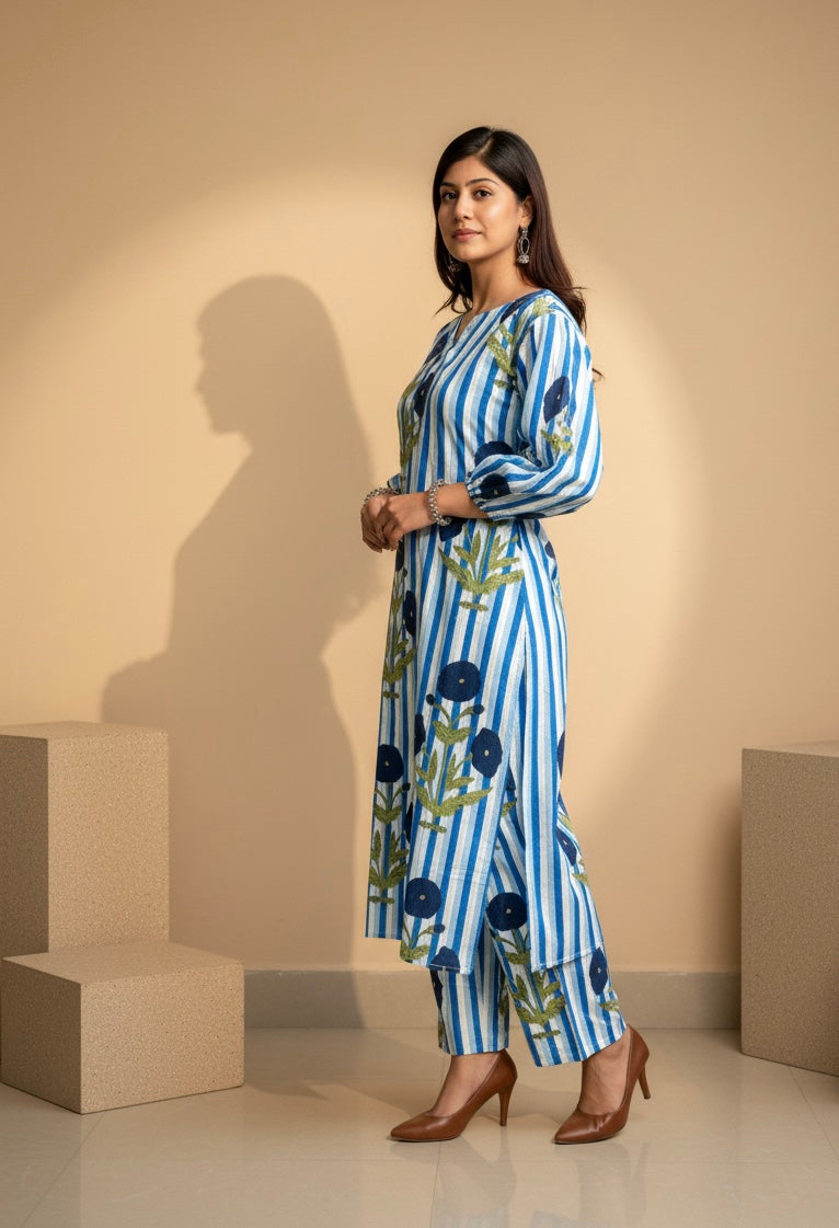 Women’s Navy Blue Striped Floral Cotton Kurta Set
