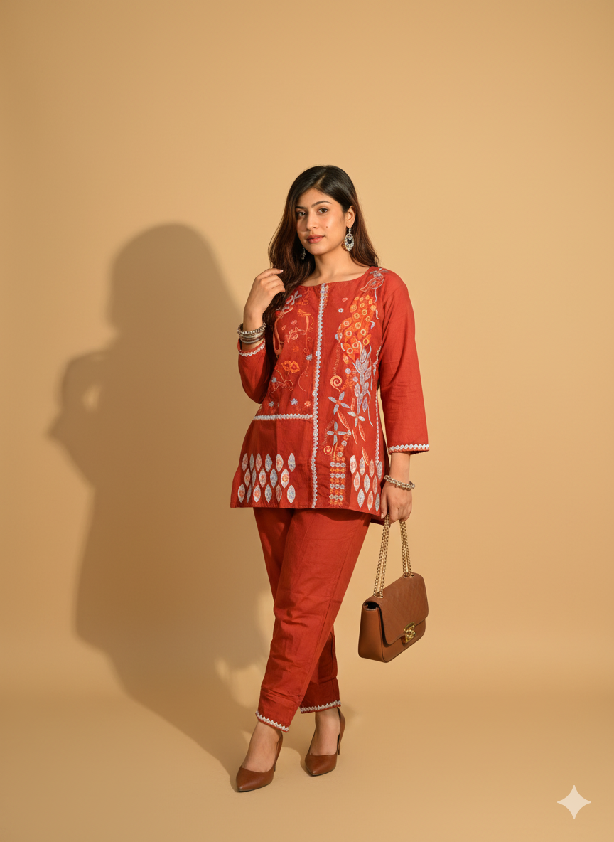 Embroidered Cotton Co-Ord Set with Straight Pants – Rust