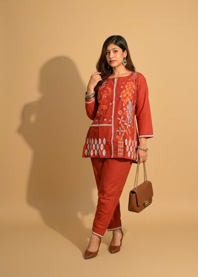 Embroidered Cotton Co-Ord Set with Straight Pants – Rust