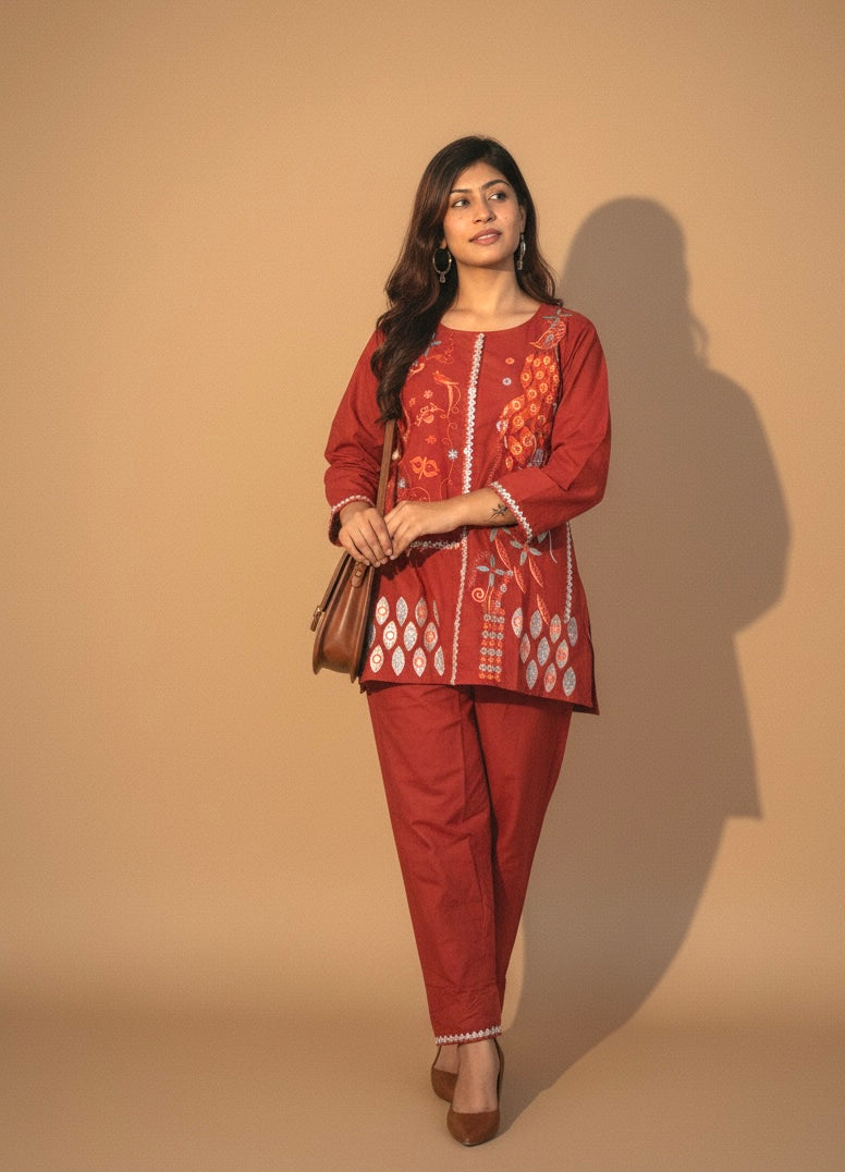 Embroidered Cotton Co-Ord Set with Straight Pants – Rust