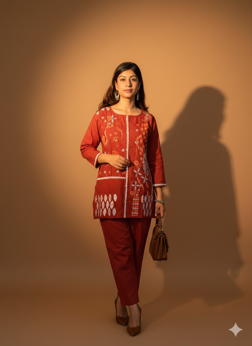 Embroidered Cotton Co-Ord Set with Straight Pants – Rust