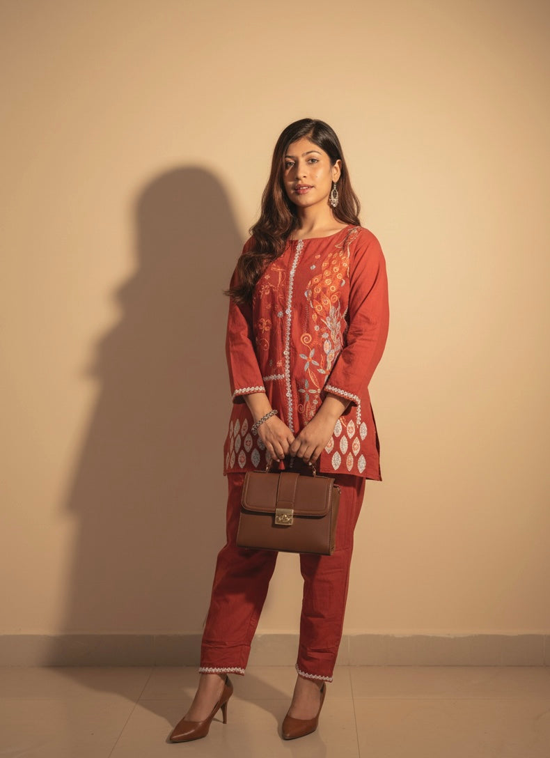 Embroidered Cotton Co-Ord Set with Straight Pants – Rust