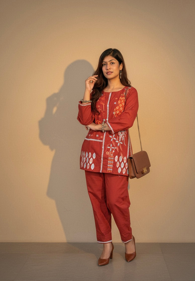 Embroidered Cotton Co-Ord Set with Straight Pants – Rust