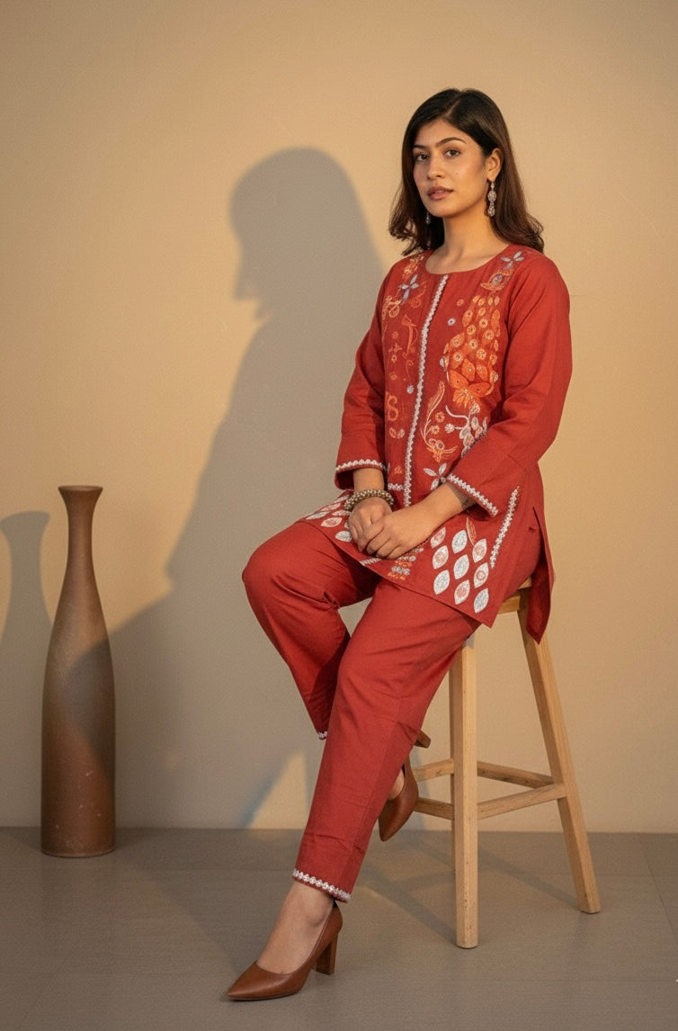 Embroidered Cotton Co-Ord Set with Straight Pants – Rust