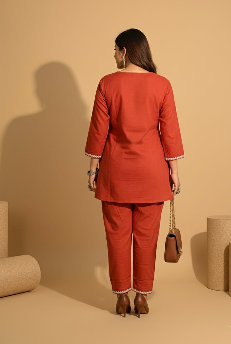 Embroidered Cotton Co-Ord Set with Straight Pants – Rust