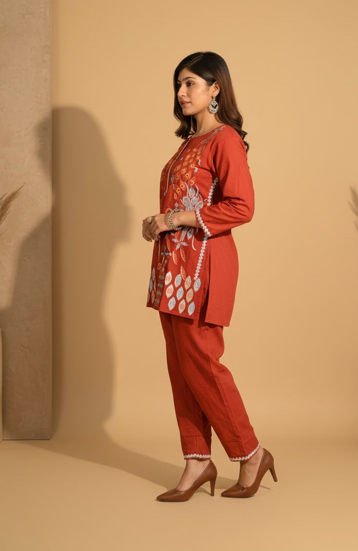 Embroidered Cotton Co-Ord Set with Straight Pants – Rust