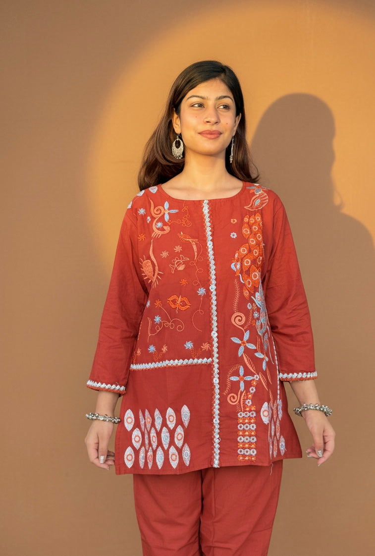 Embroidered Cotton Co-Ord Set with Straight Pants – Rust
