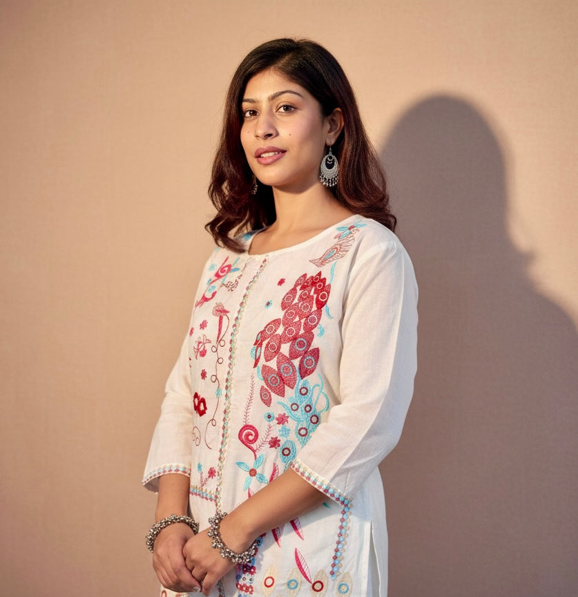 Embroidered Cotton Co-Ord Set with Straight Pants – Cream