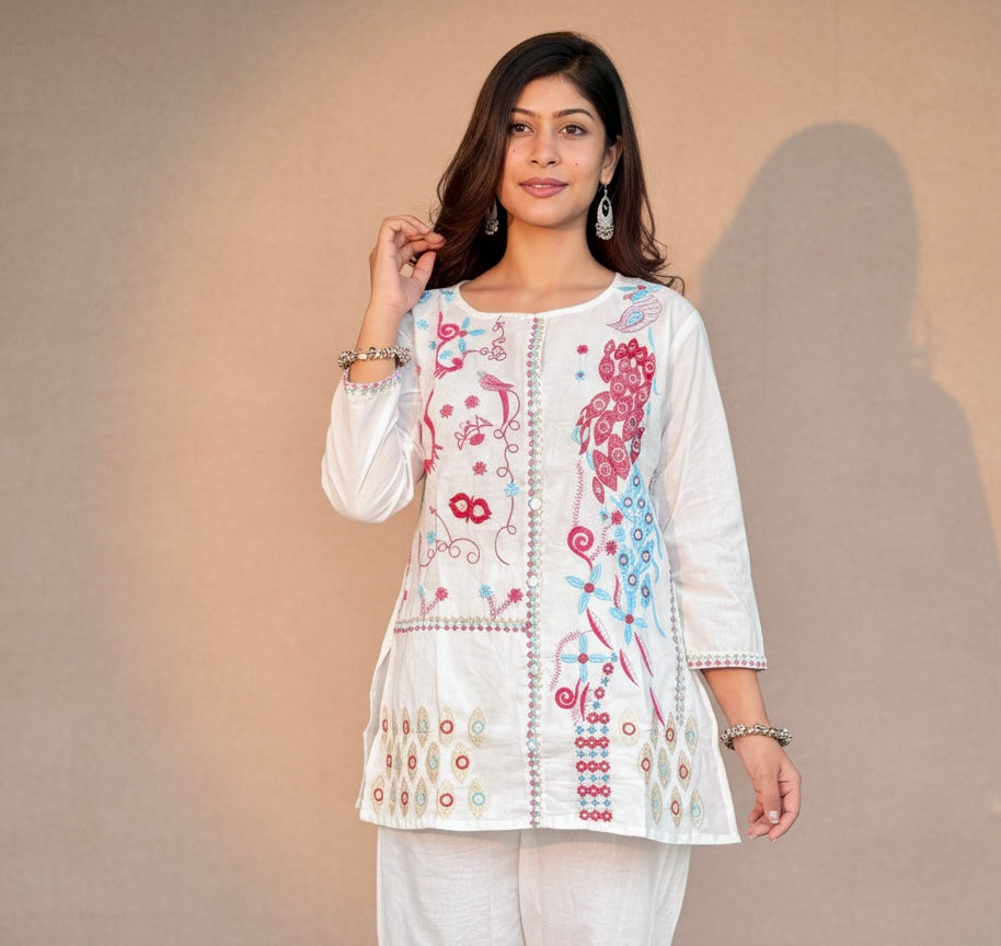 Embroidered Cotton Co-Ord Set with Straight Pants – Cream