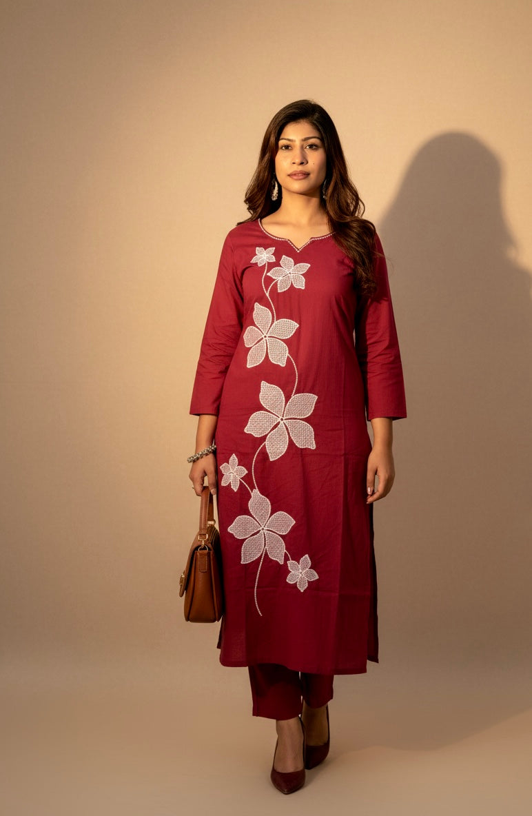 Floral Red Elegance Kurti Set