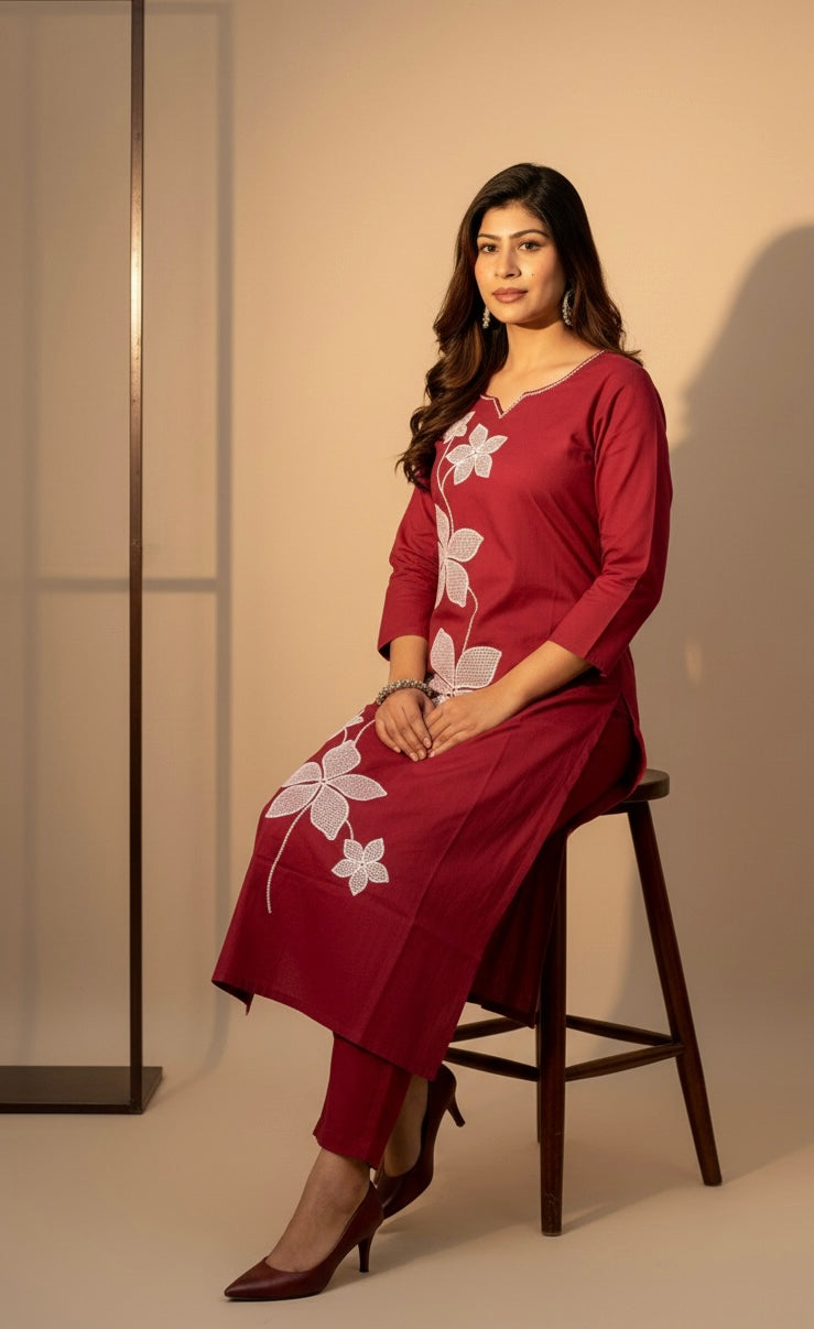 Floral Red Elegance Kurti Set