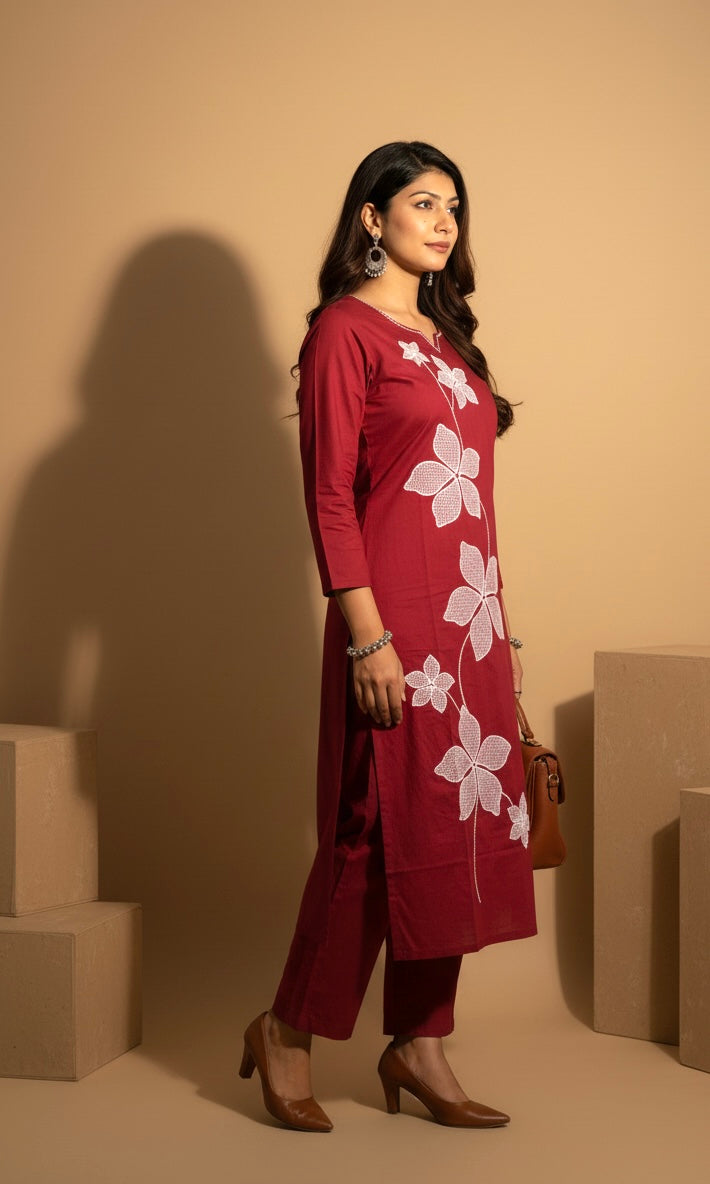 Floral Red Elegance Kurti Set