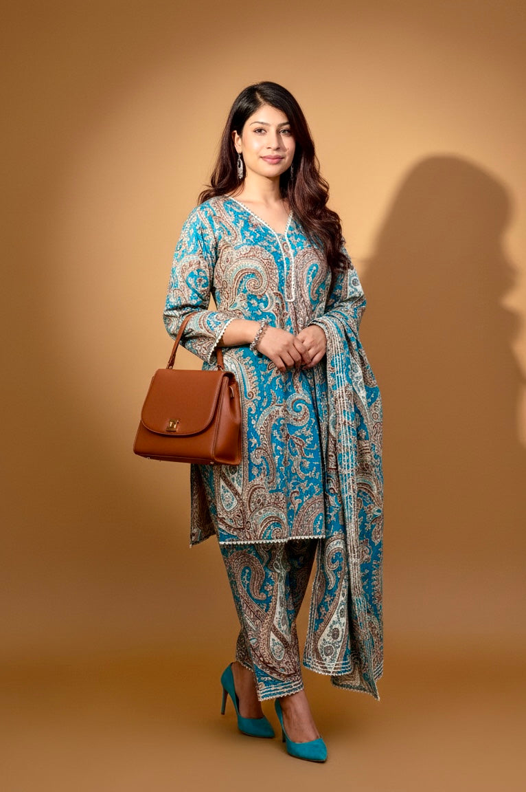Teal Blue Printed Kurti with White Straight Pants
