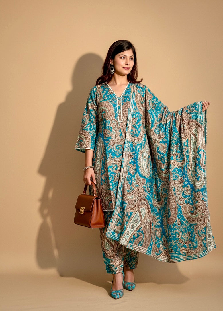 Teal Blue Printed Kurti with White Straight Pants