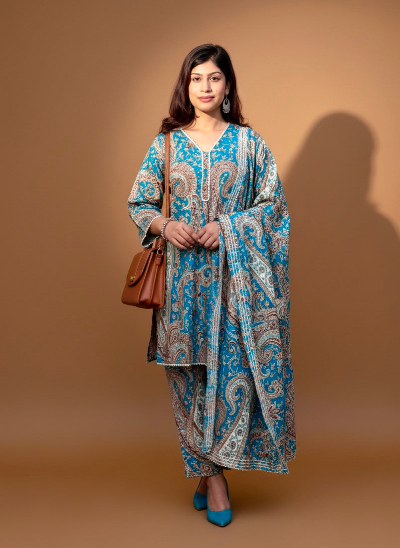 Teal Blue Printed Kurti with White Straight Pants