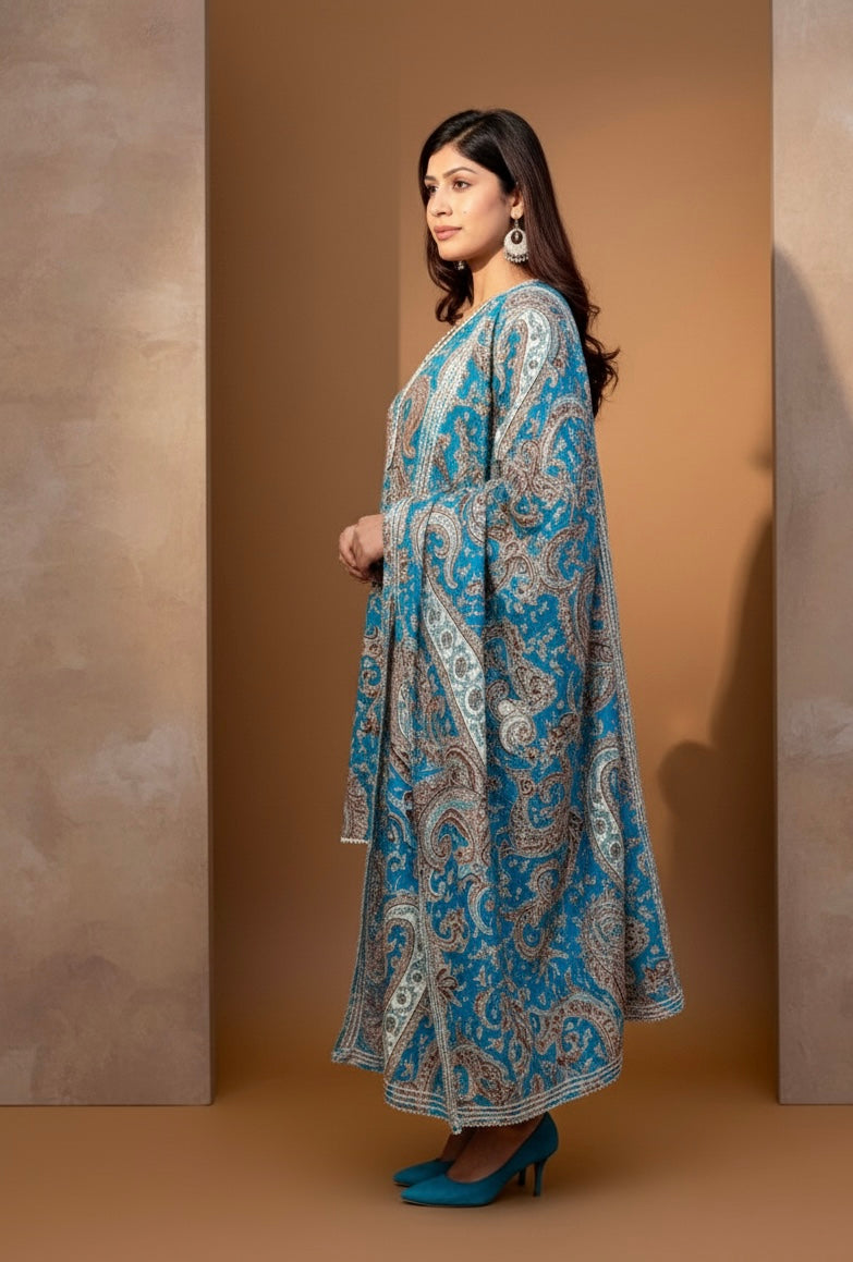 Teal Blue Printed Kurti with White Straight Pants