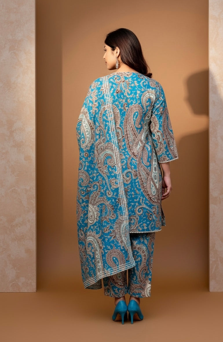 Teal Blue Printed Kurti with White Straight Pants