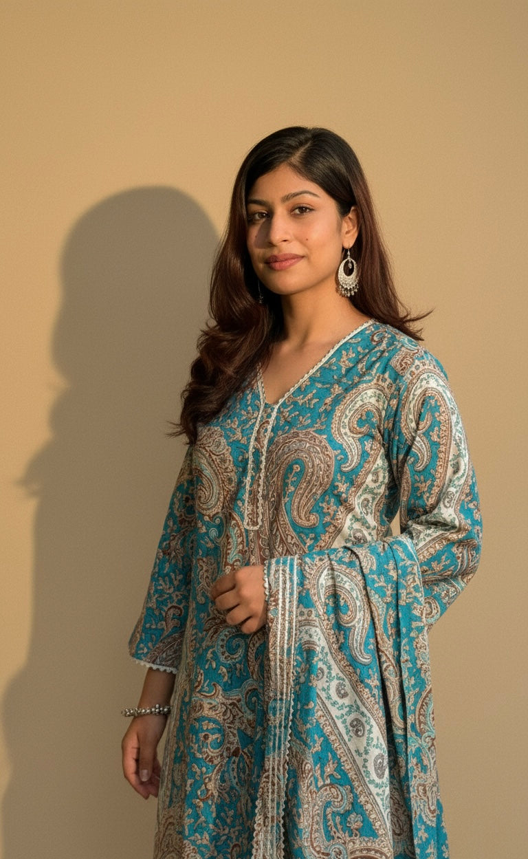 Teal Blue Printed Kurti with White Straight Pants