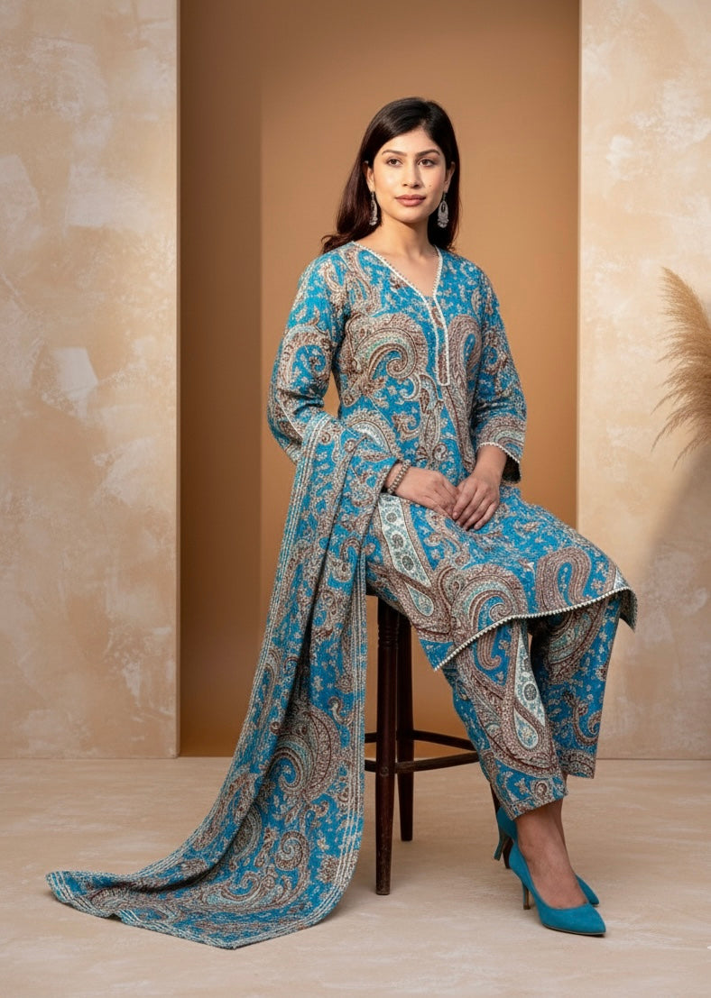 Teal Blue Printed Kurti with White Straight Pants