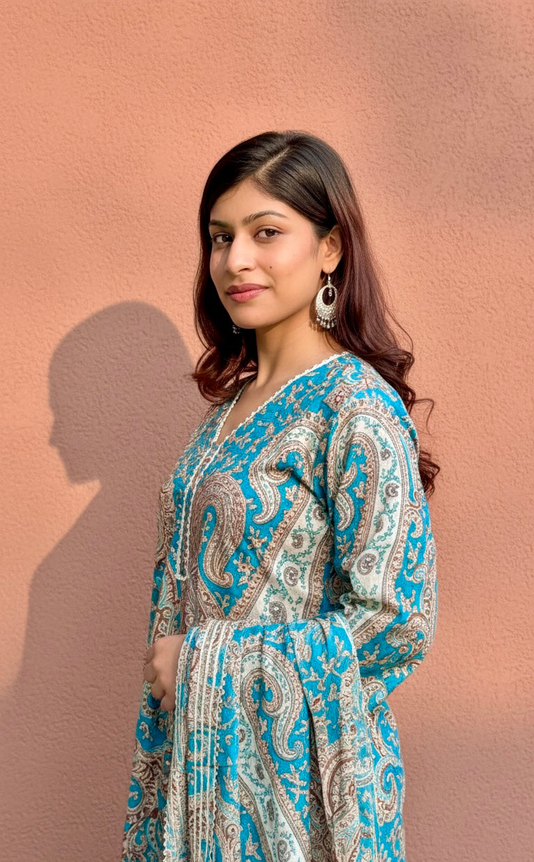 Teal Blue Printed Kurti with White Straight Pants