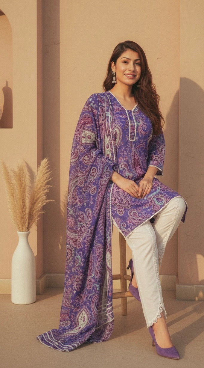 Purple Paisley Printed Kurti with White Straight Pants