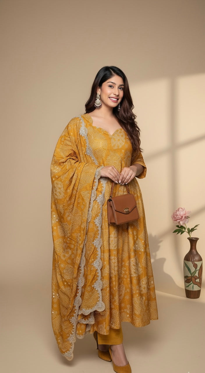 Mustard Yellow Printed Anarkali Suit with Embroidered Dupatta