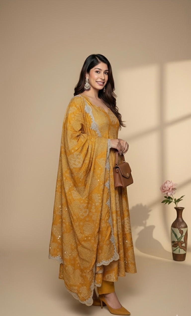 Mustard Yellow Printed Anarkali Suit with Embroidered Dupatta