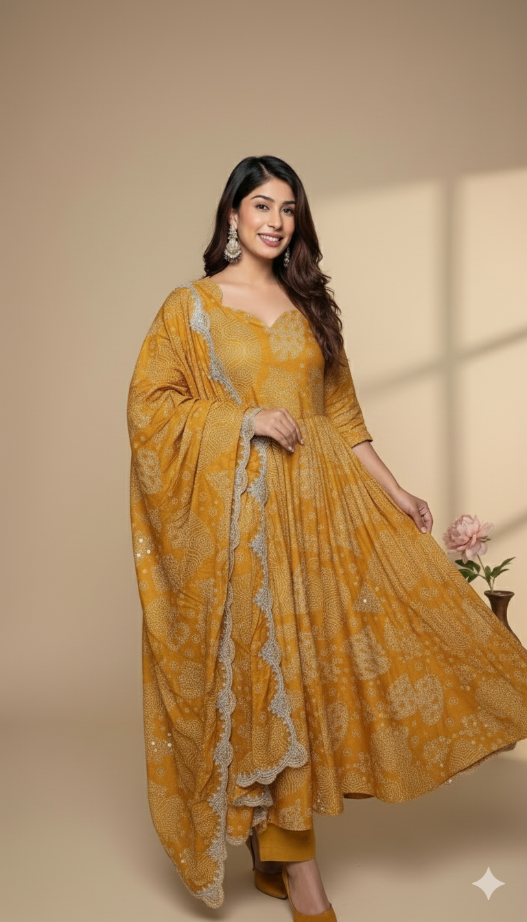 Mustard Yellow Printed Anarkali Suit with Embroidered Dupatta