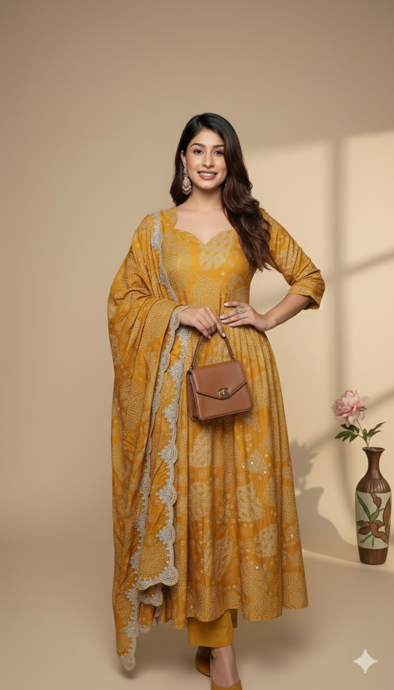 Mustard Yellow Printed Anarkali Suit with Embroidered Dupatta