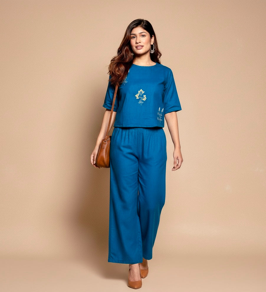 Floral Blue Embroidered Cotton Co-ord Set for Women