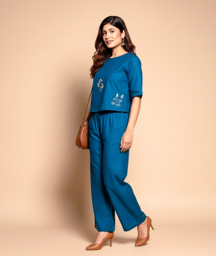 Floral Blue Embroidered Cotton Co-ord Set for Women