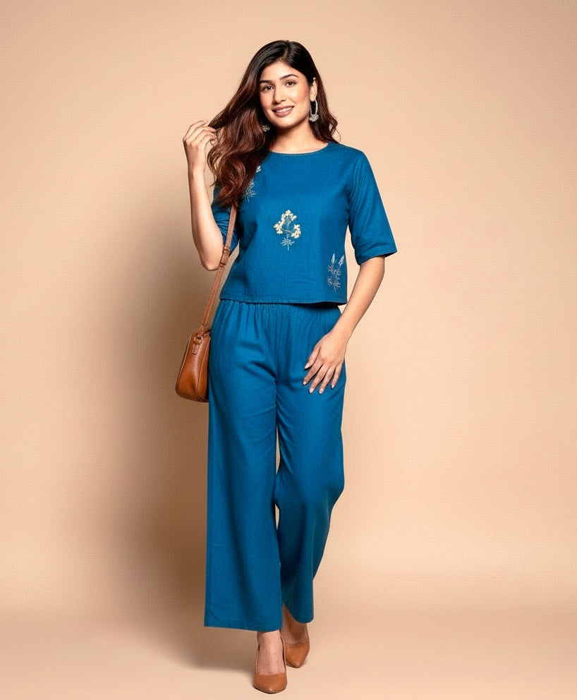 Floral Blue Embroidered Cotton Co-ord Set for Women