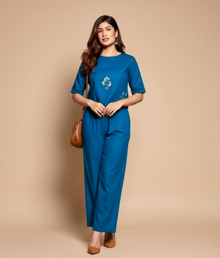 Floral Blue Embroidered Cotton Co-ord Set for Women