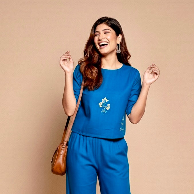 Floral Blue Embroidered Cotton Co-ord Set for Women