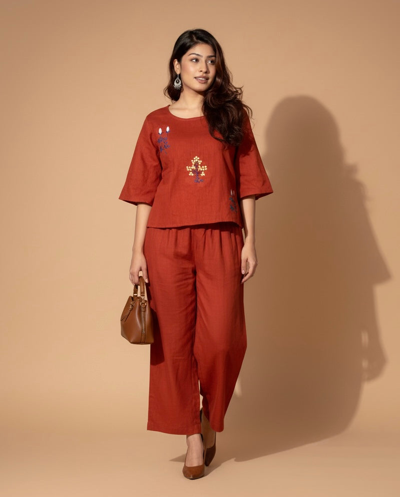 Floral Orange Embroidered Cotton Co-ord Set for Women