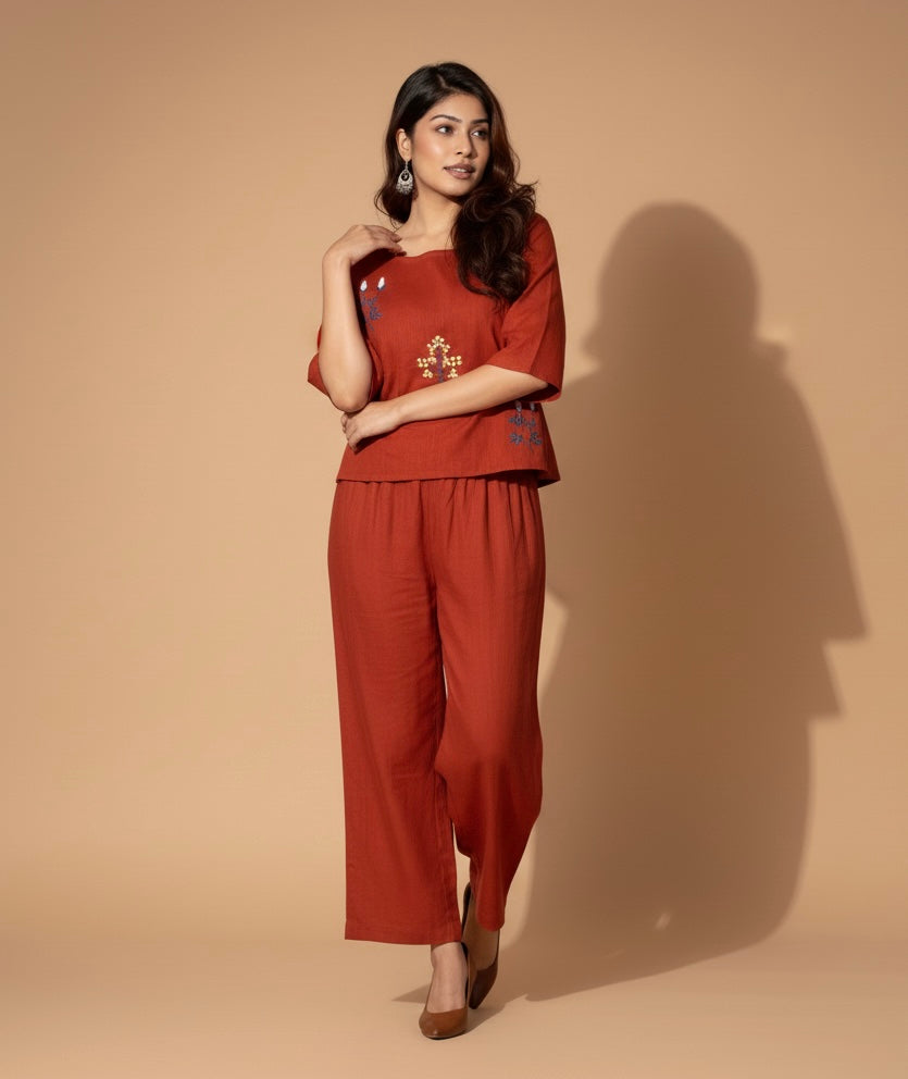 Floral Orange Embroidered Cotton Co-ord Set for Women