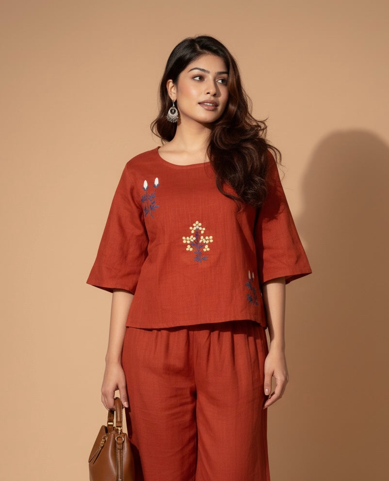 Floral Orange Embroidered Cotton Co-ord Set for Women