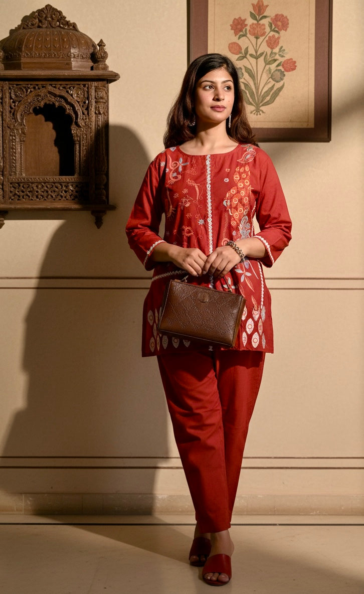 Embroidered Cotton Co-Ord Set with Straight Pants – Rust
