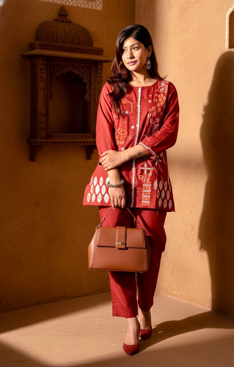 Embroidered Cotton Co-Ord Set with Straight Pants – Rust