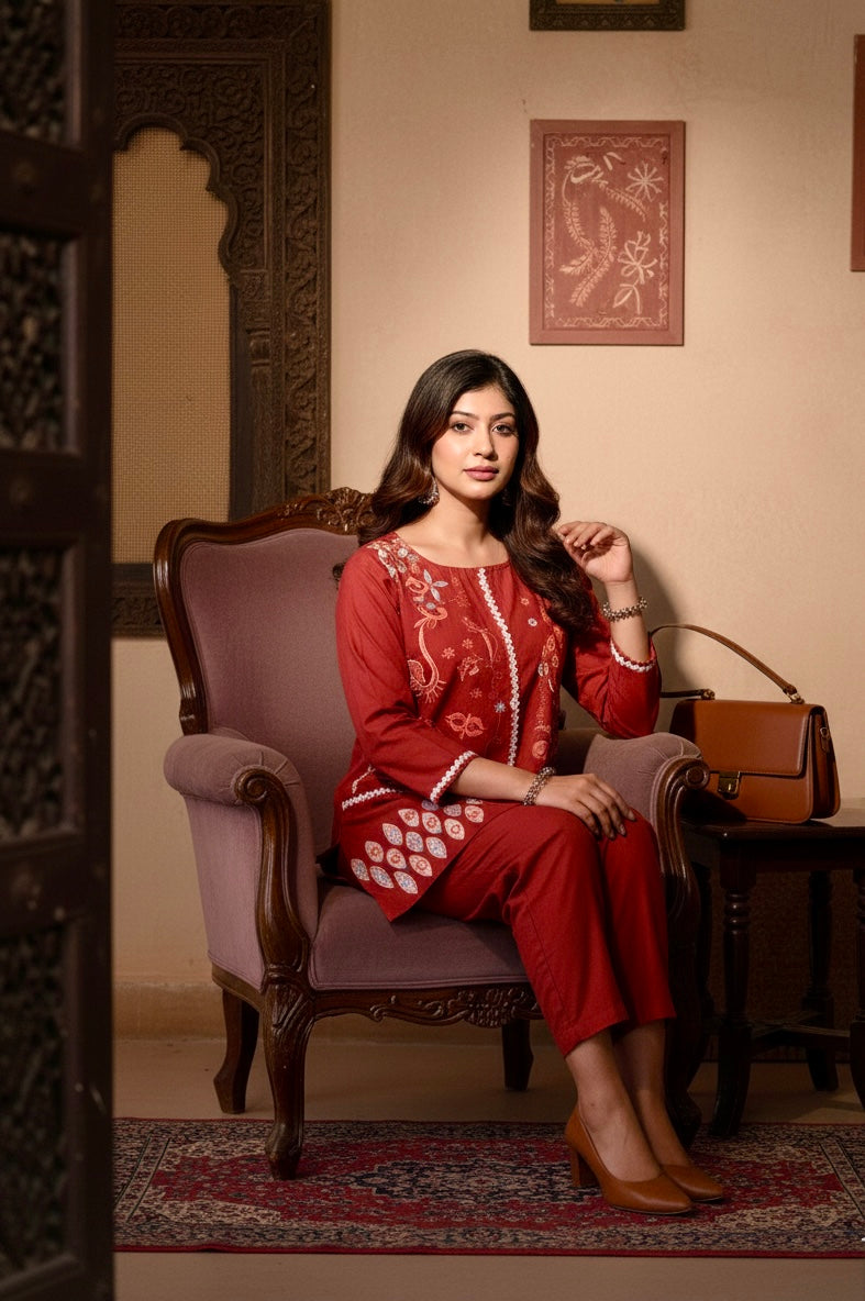 Embroidered Cotton Co-Ord Set with Straight Pants – Rust