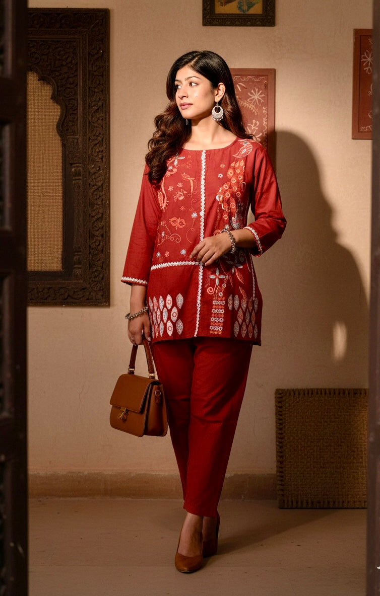 Embroidered Cotton Co-Ord Set with Straight Pants – Rust