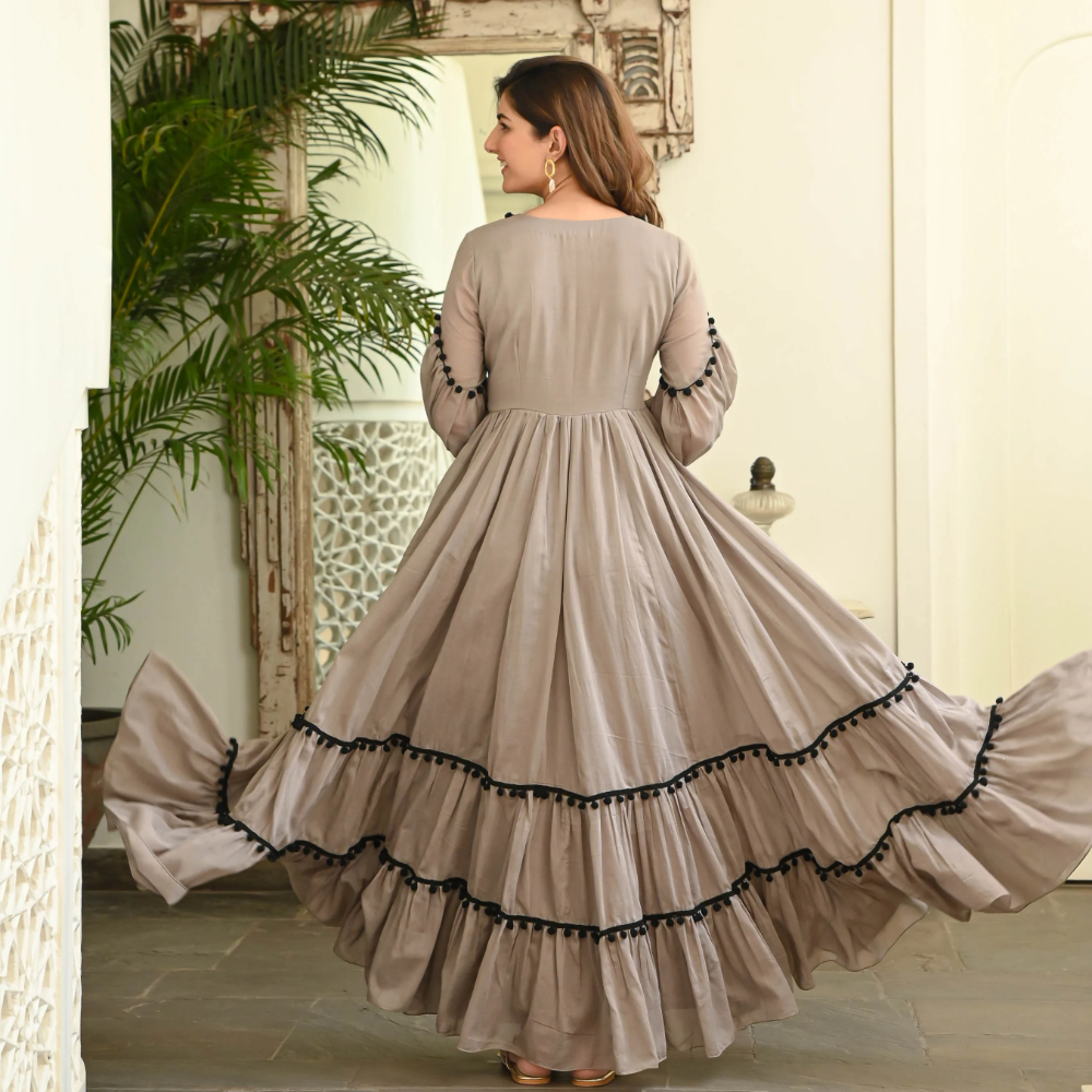 Elegant Brown Rayon Flared Gown with Lacework Detailing