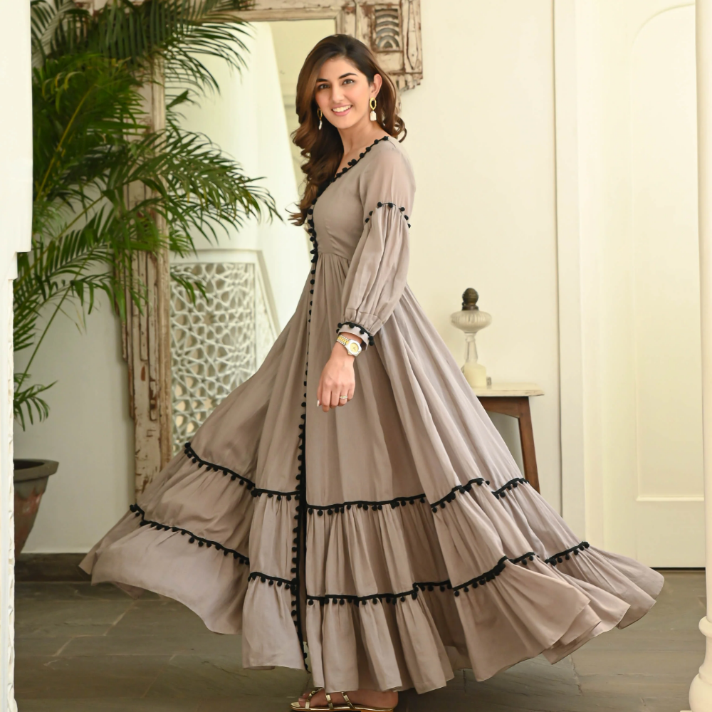 Elegant Brown Rayon Flared Gown with Lacework Detailing