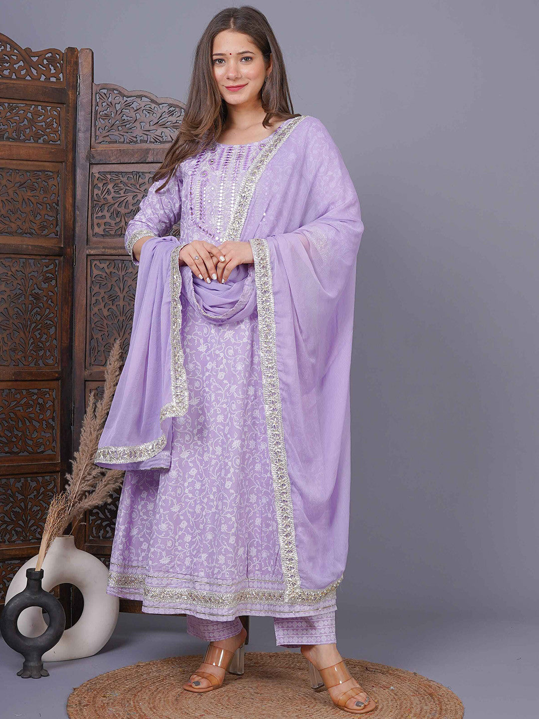 Lavender Cotton 3-Piece Kurta Set for Women